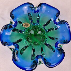 Handmade Bohemia Glass Blue Green Flower Czech Republic Vintage